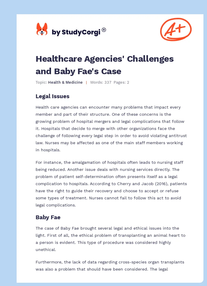 Healthcare Agencies' Challenges and Baby Fae's Case. Page 1