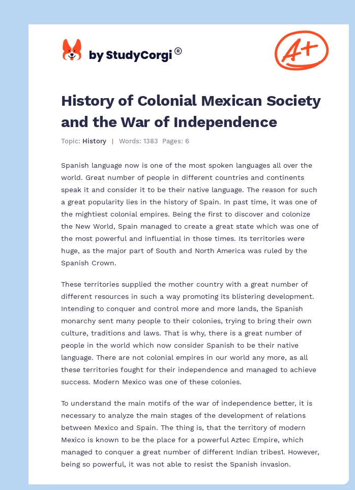 History of Colonial Mexican Society and the War of Independence. Page 1