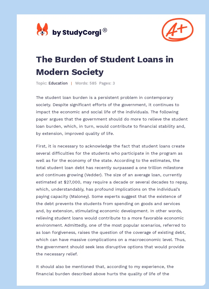 The Burden of Student Loans in Modern Society. Page 1