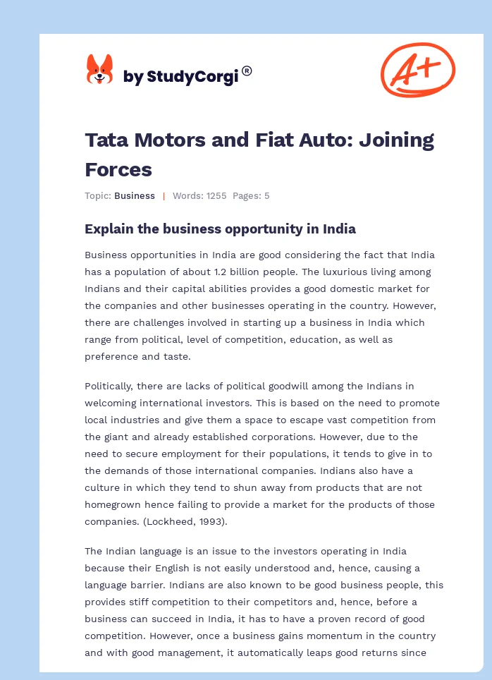 Tata Motors and Fiat Auto: Joining Forces. Page 1