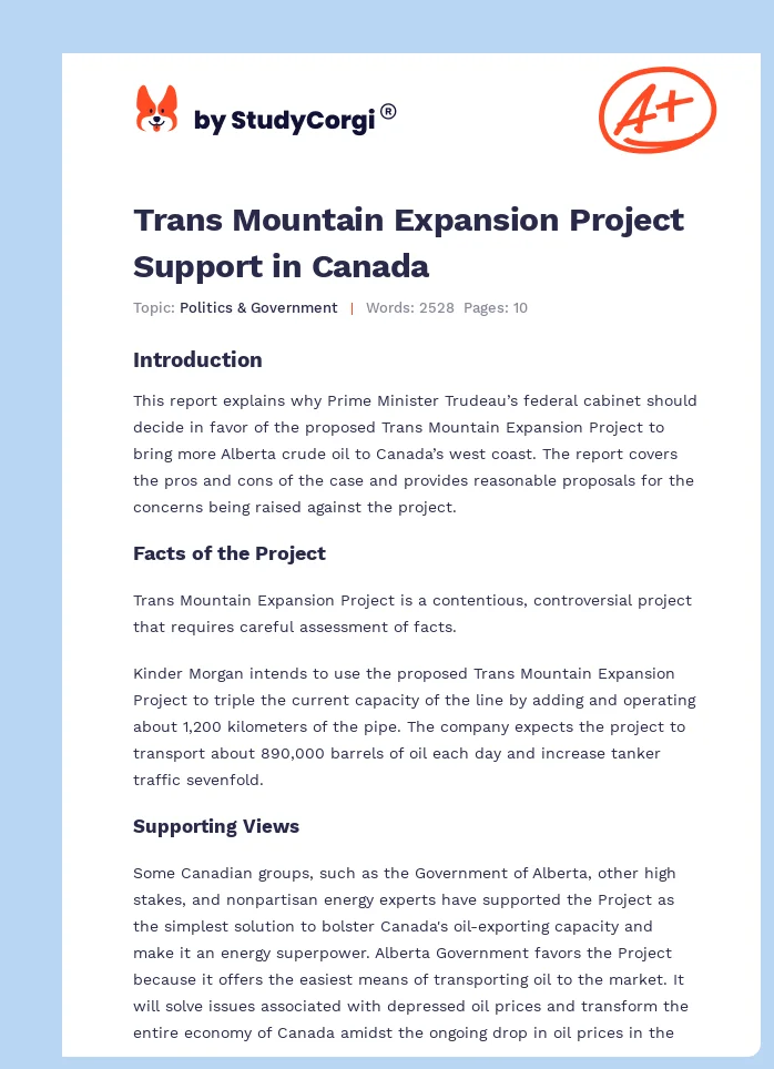 Trans Mountain Expansion Project Support in Canada. Page 1