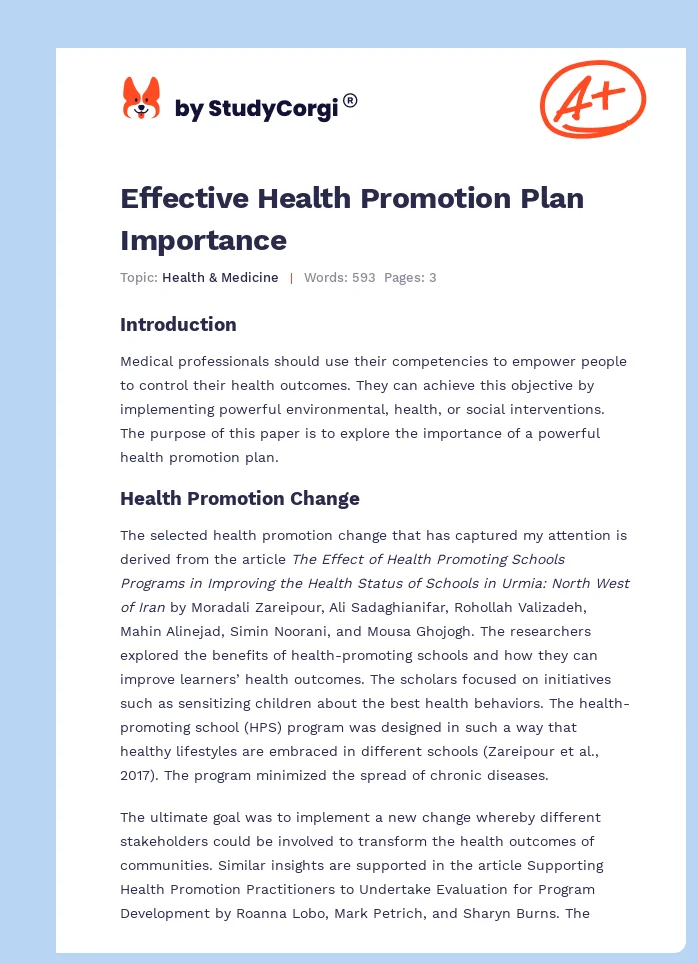 Effective Health Promotion Plan Importance. Page 1
