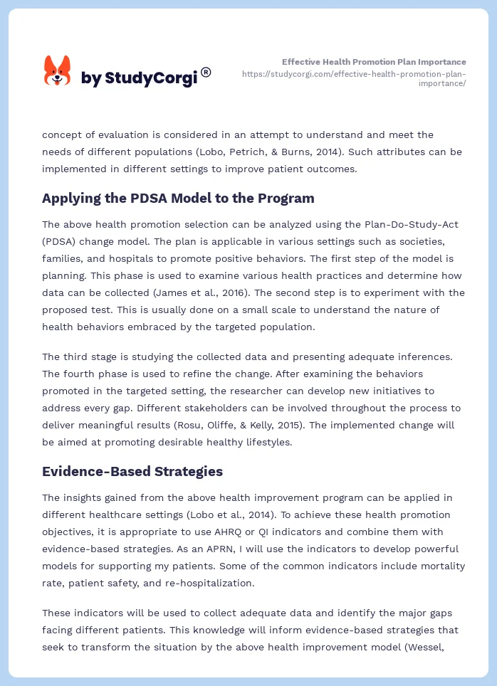 Effective Health Promotion Plan Importance. Page 2