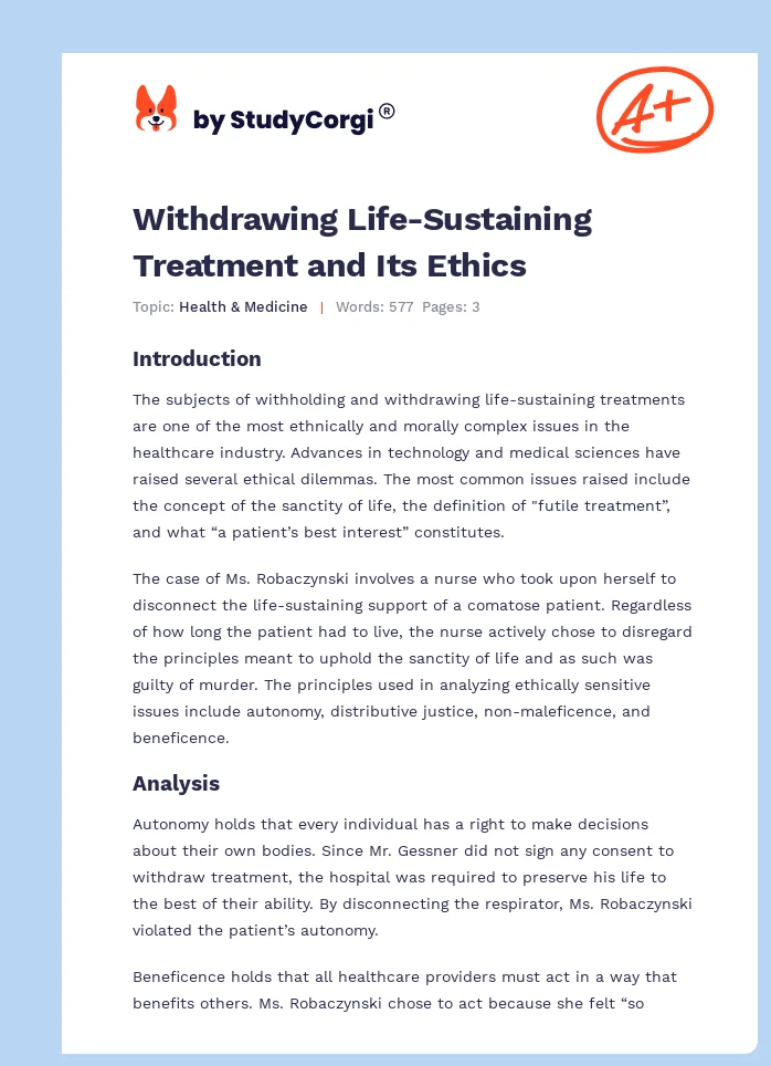 Withdrawing Life-Sustaining Treatment and Its Ethics. Page 1