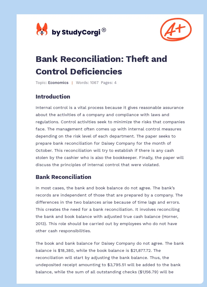 Bank Reconciliation: Theft and Control Deficiencies. Page 1