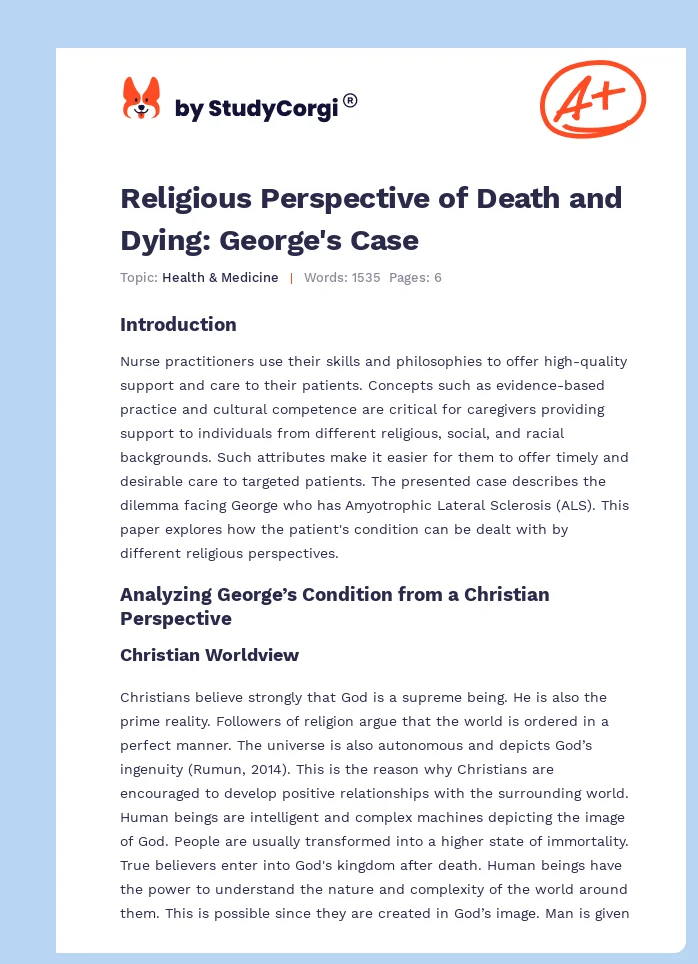 Religious Perspective of Death and Dying: George's Case. Page 1