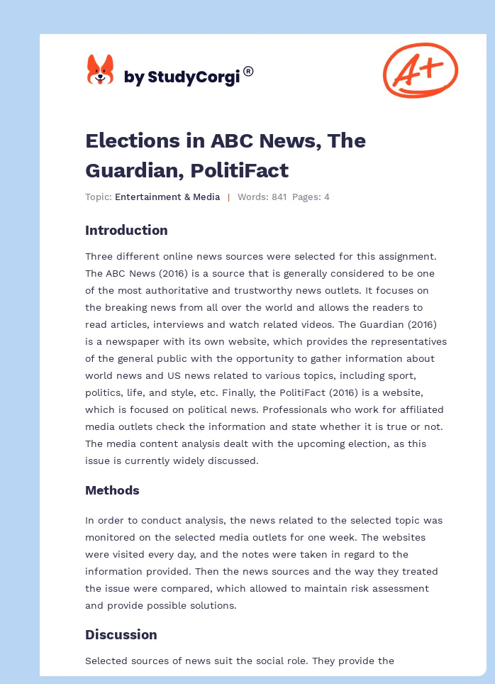 Elections in ABC News, The Guardian, PolitiFact. Page 1
