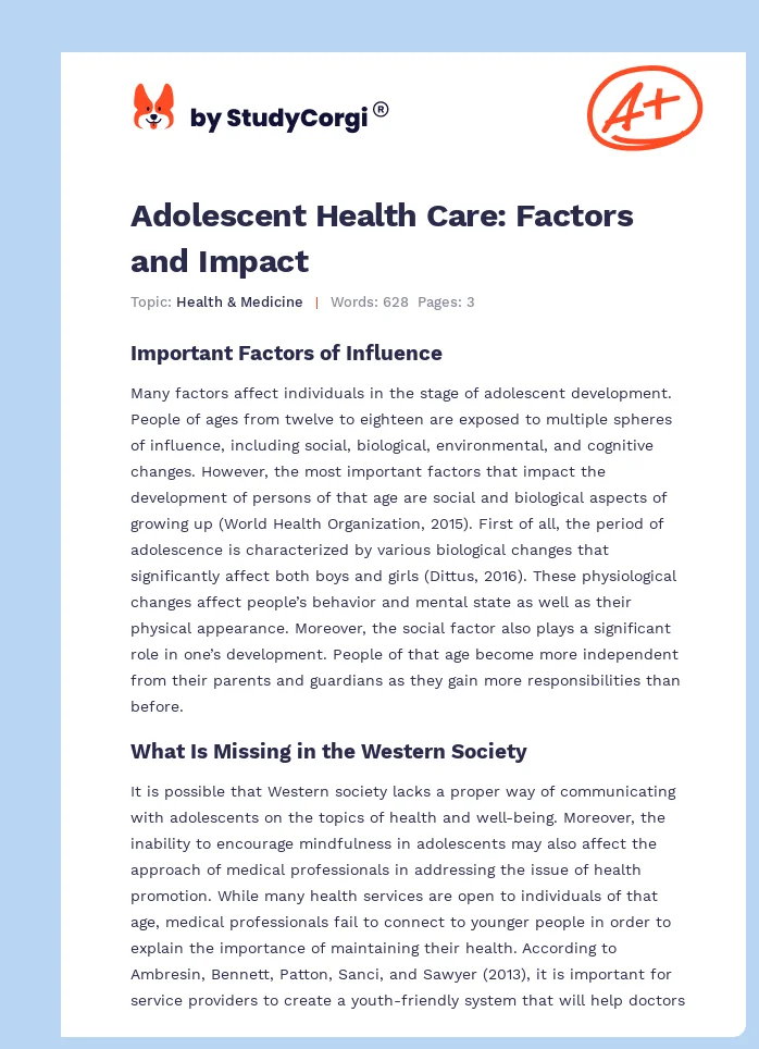 Adolescent Health Care: Factors and Impact. Page 1