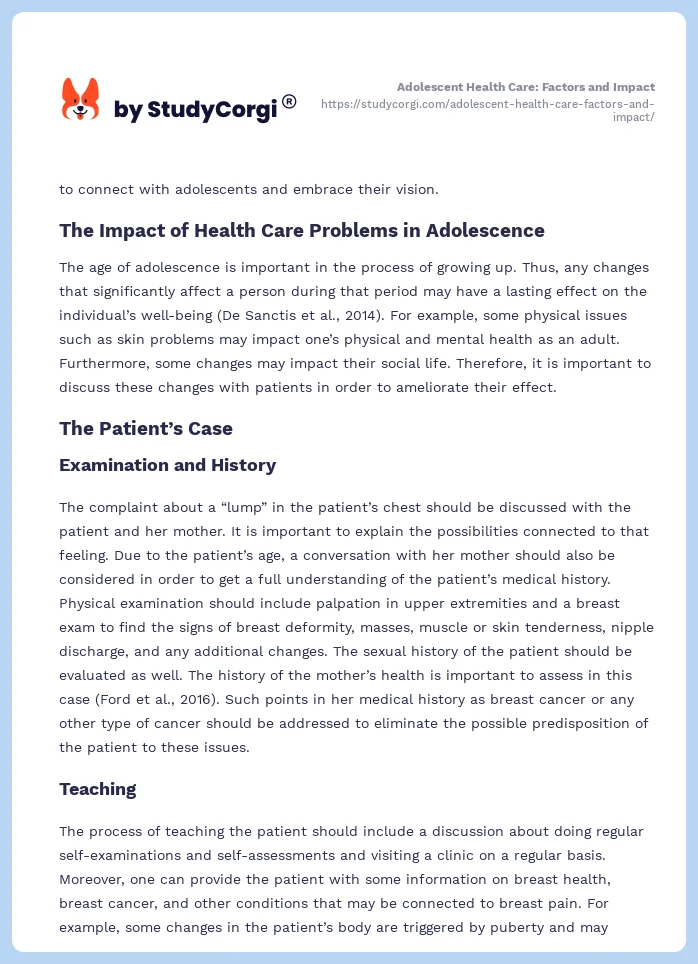 Adolescent Health Care: Factors and Impact. Page 2