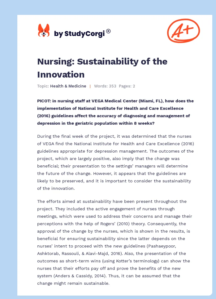 Nursing: Sustainability of the Innovation. Page 1