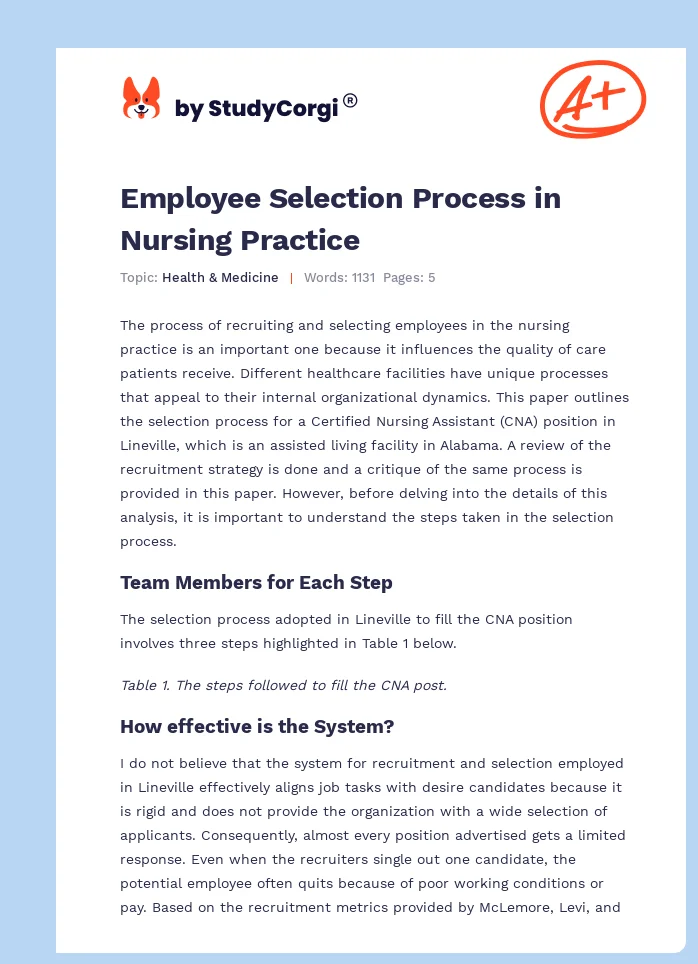 Employee Selection Process in Nursing Practice. Page 1