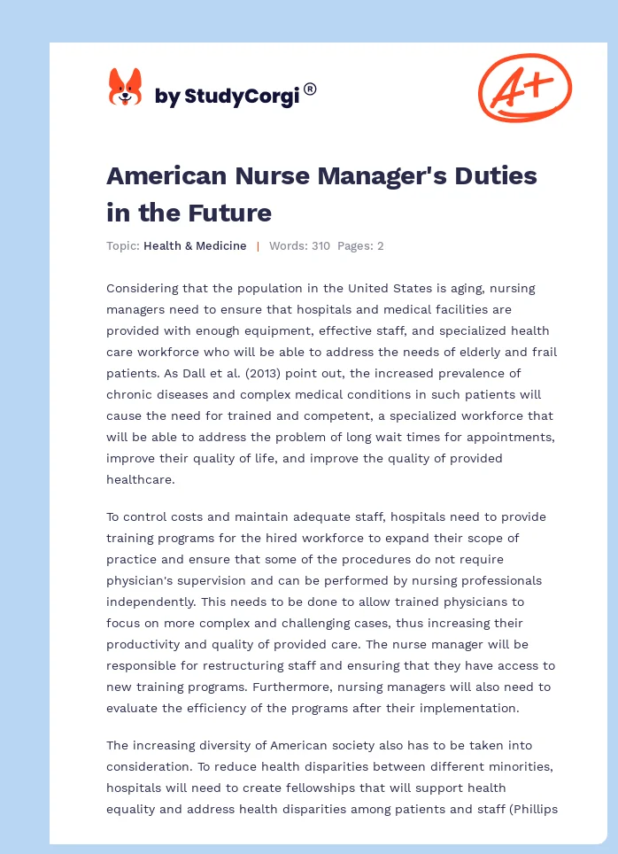 American Nurse Manager's Duties in the Future. Page 1