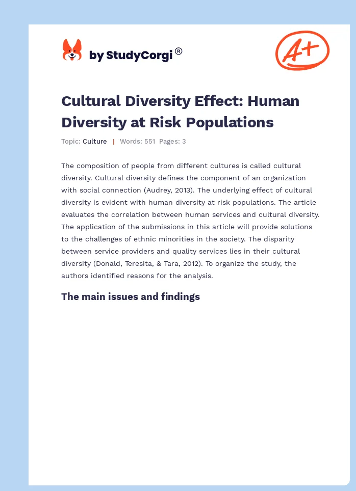 Cultural Diversity Effect: Human Diversity at Risk Populations. Page 1