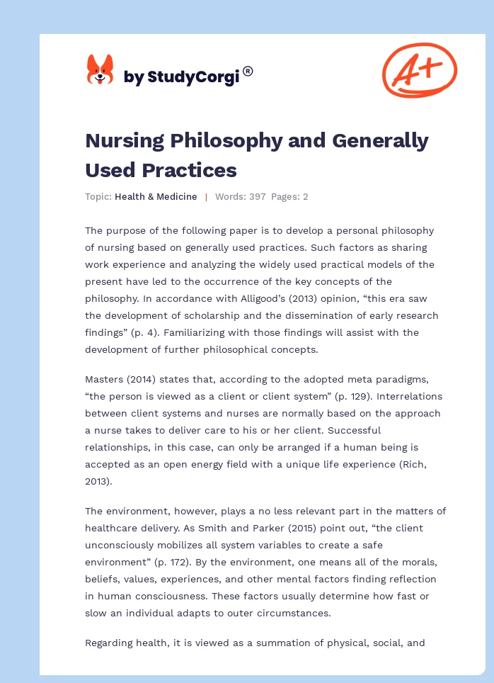 Nursing Philosophy and Generally Used Practices. Page 1
