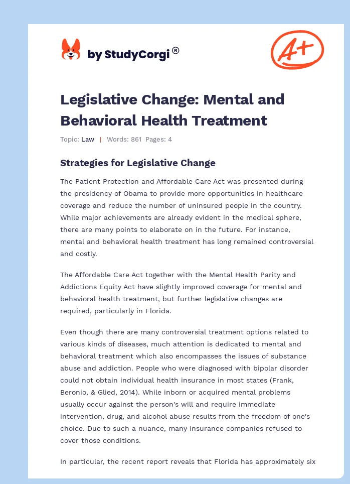 Legislative Change: Mental and Behavioral Health Treatment. Page 1