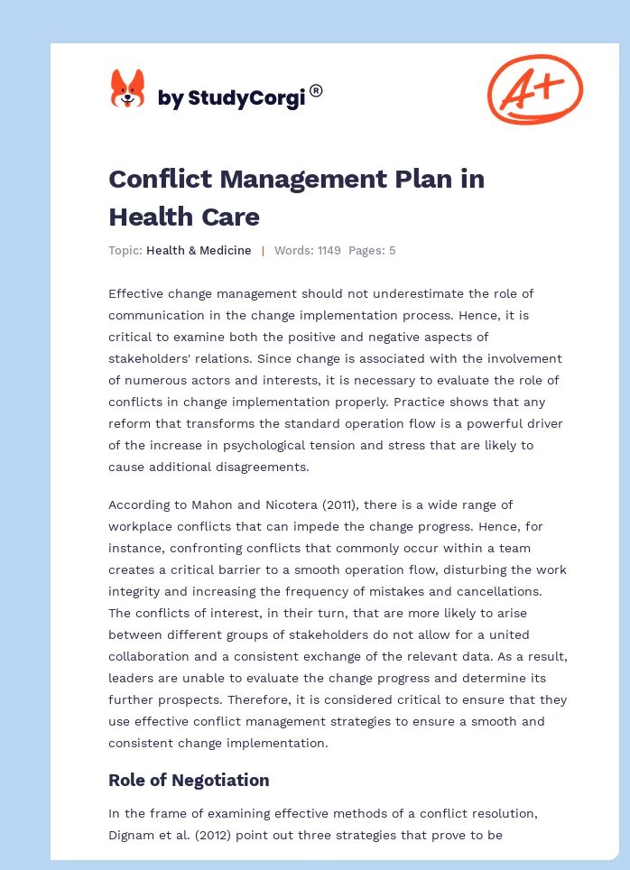 Conflict Management Plan in Health Care. Page 1