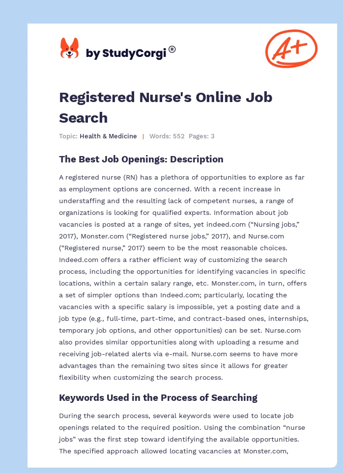 Registered Nurse's Online Job Search. Page 1
