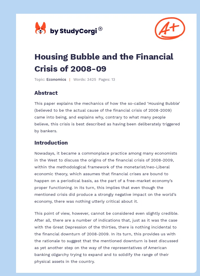 Housing Bubble and the Financial Crisis of 2008-09. Page 1