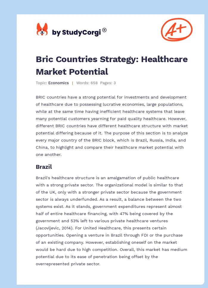 Bric Countries Strategy: Healthcare Market Potential. Page 1