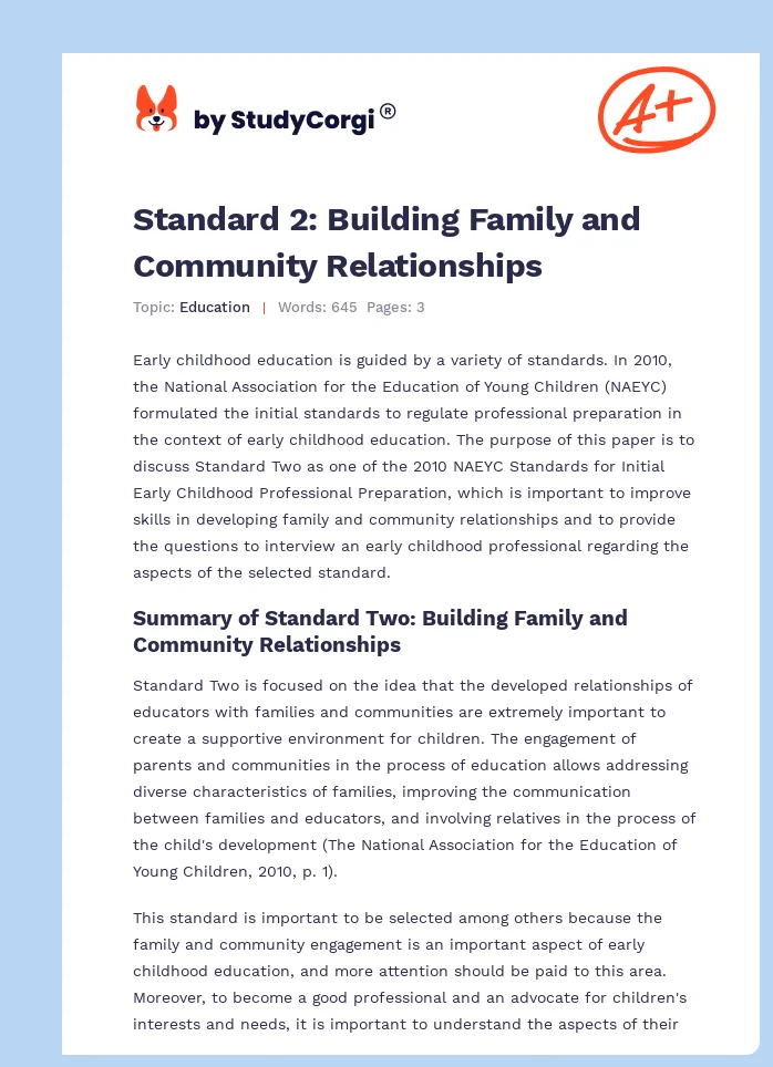 Standard 2: Building Family and Community Relationships. Page 1