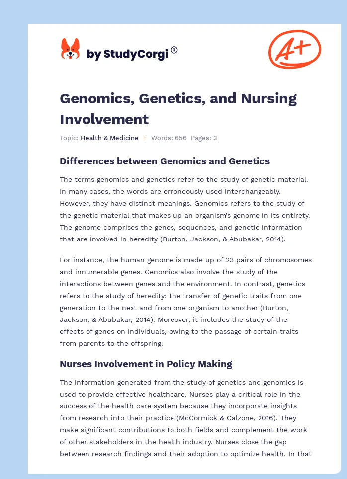 Genomics, Genetics, and Nursing Involvement. Page 1