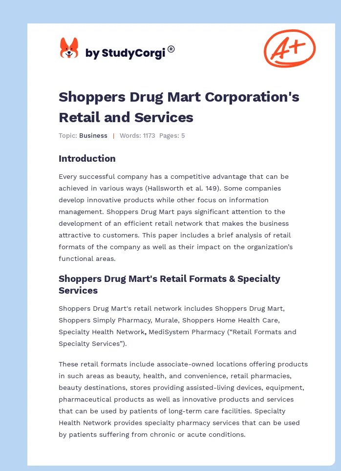 Shoppers Drug Mart Corporation's Retail and Services. Page 1