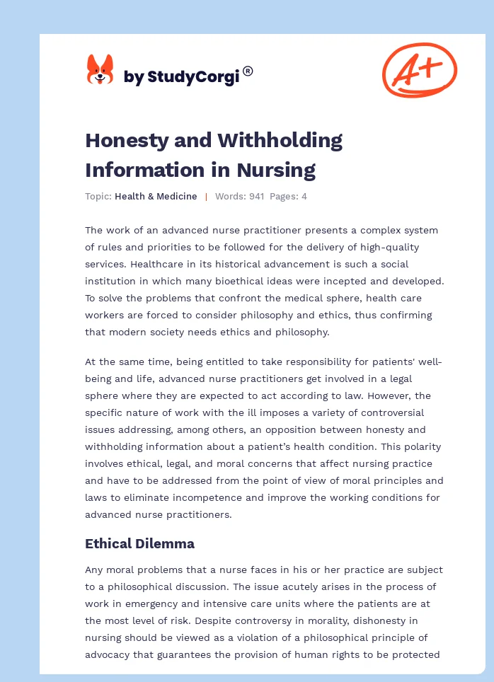 Honesty and Withholding Information in Nursing. Page 1