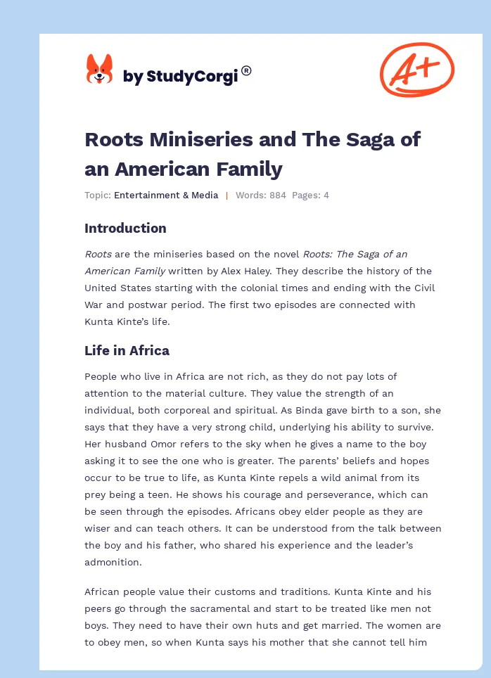 Roots Miniseries and The Saga of an American Family. Page 1