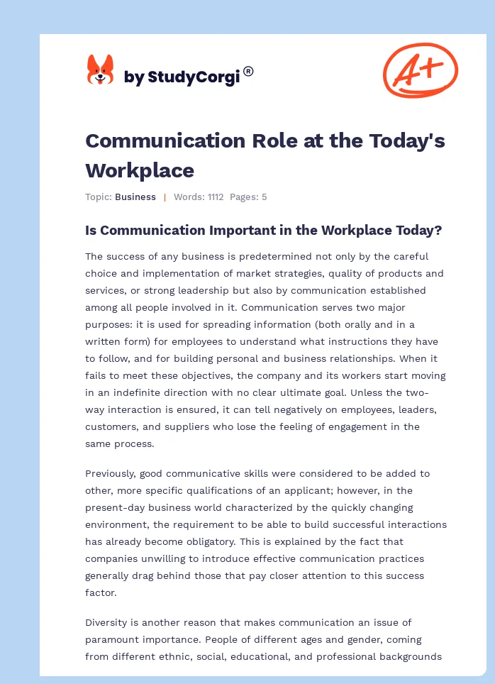 Communication Role at the Today's Workplace. Page 1