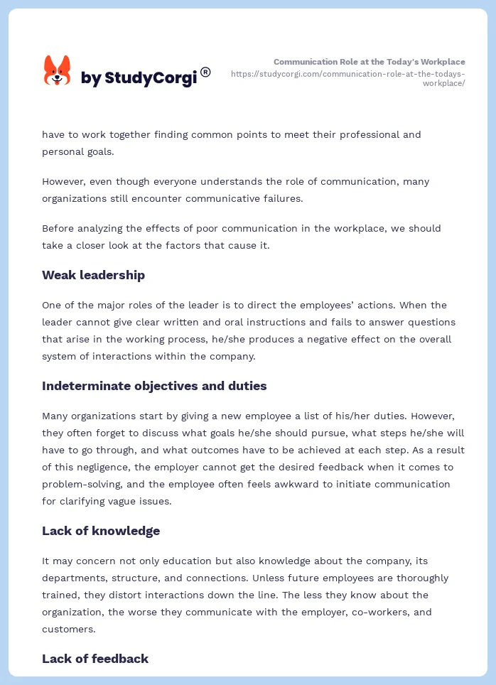 Communication Role at the Today's Workplace. Page 2