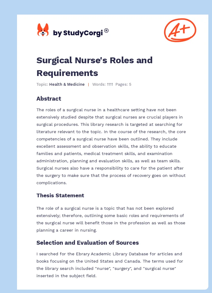 Surgical Nurse's Roles and Requirements. Page 1