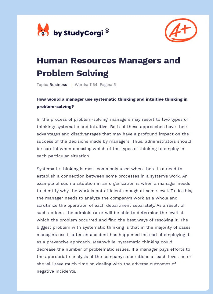 Human Resources Managers and Problem Solving. Page 1
