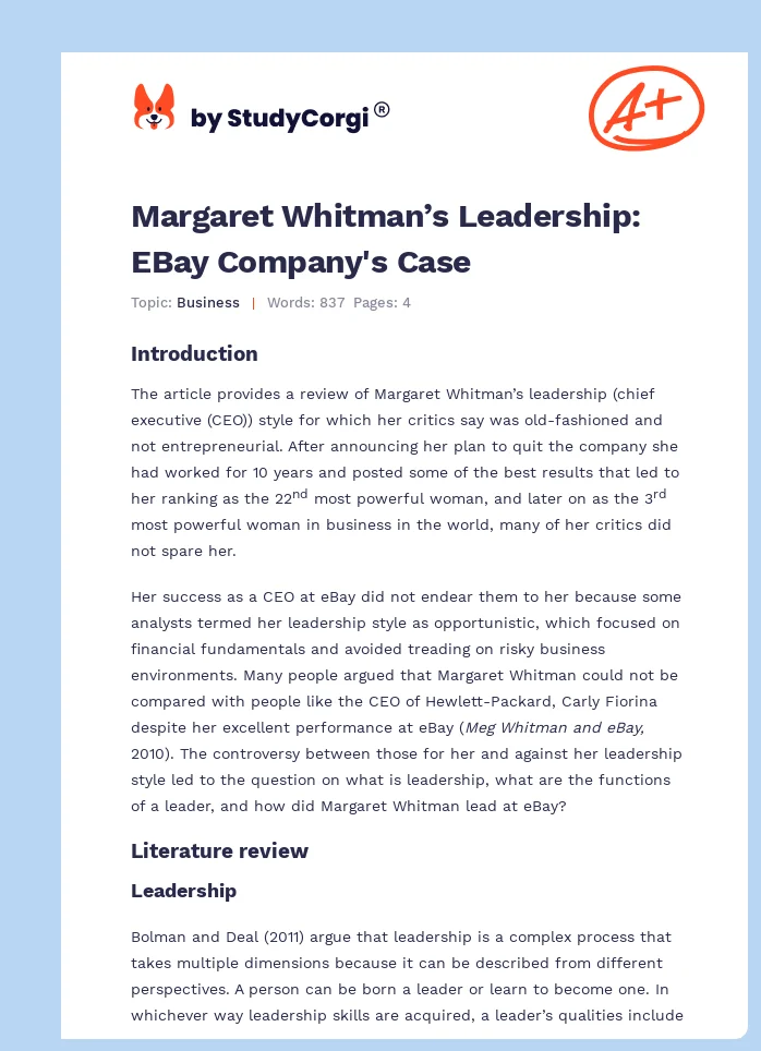Margaret Whitman’s Leadership: EBay Company's Case. Page 1