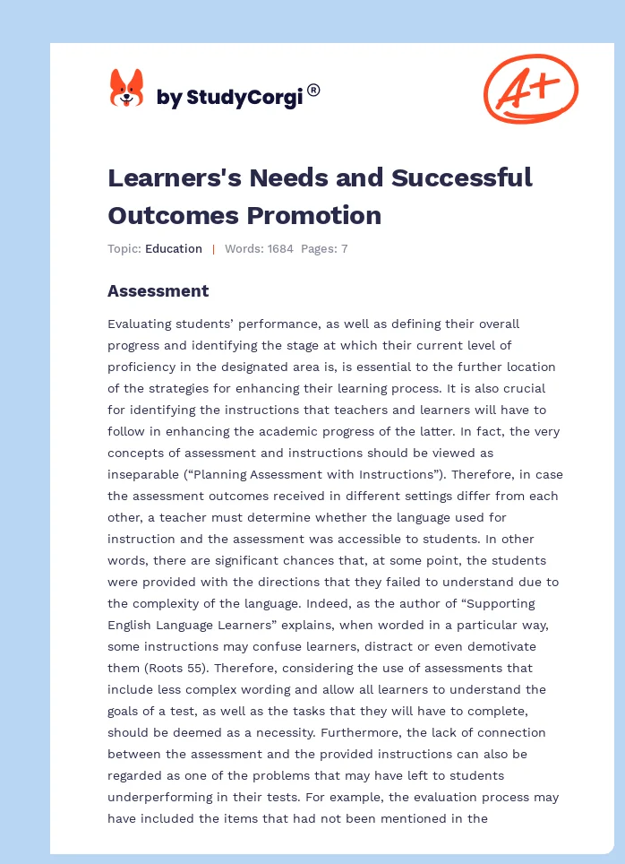 Learners's Needs and Successful Outcomes Promotion. Page 1