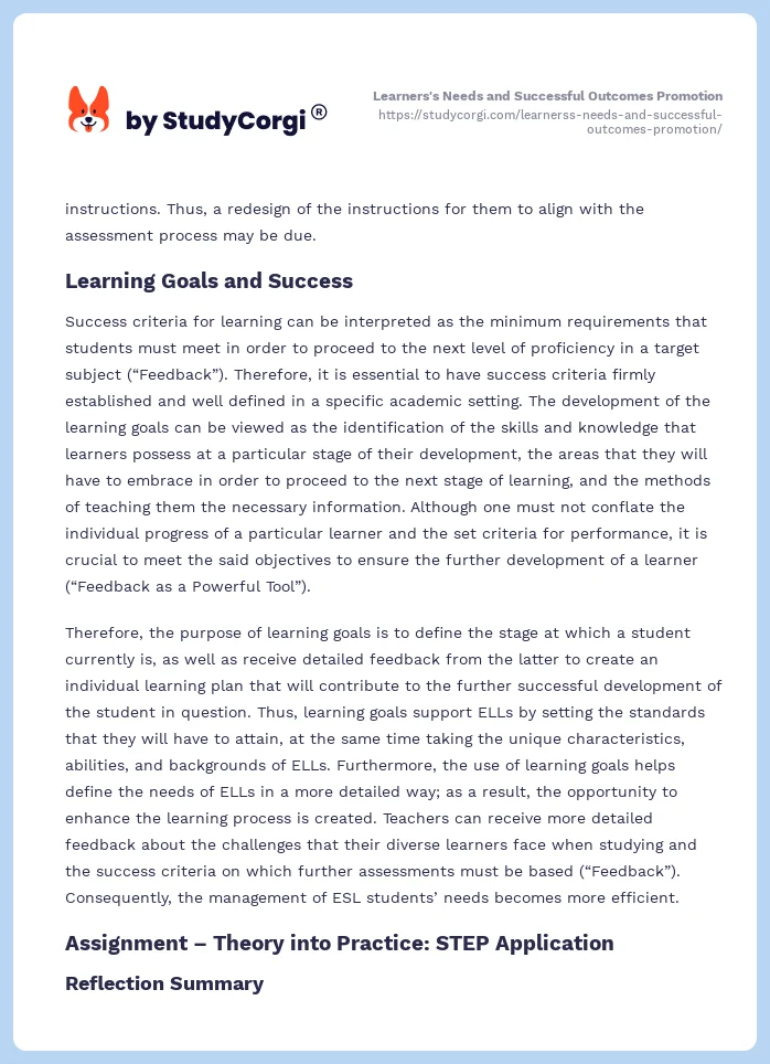 Learners's Needs and Successful Outcomes Promotion. Page 2