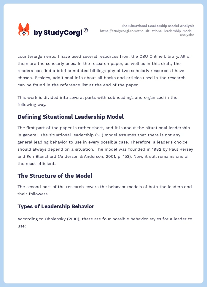 The Situational Leadership Model Analysis. Page 2