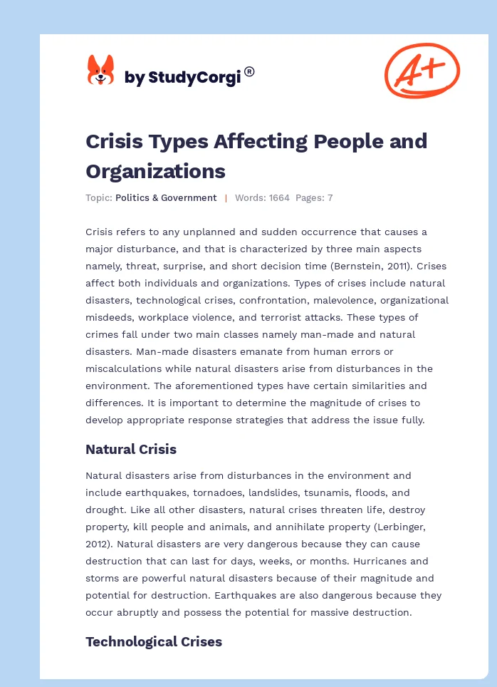 Crisis Types Affecting People and Organizations. Page 1