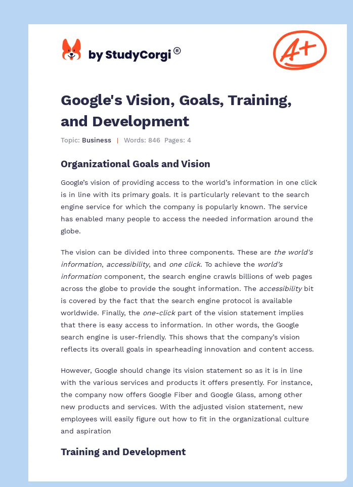 Google's Vision, Goals, Training, and Development. Page 1