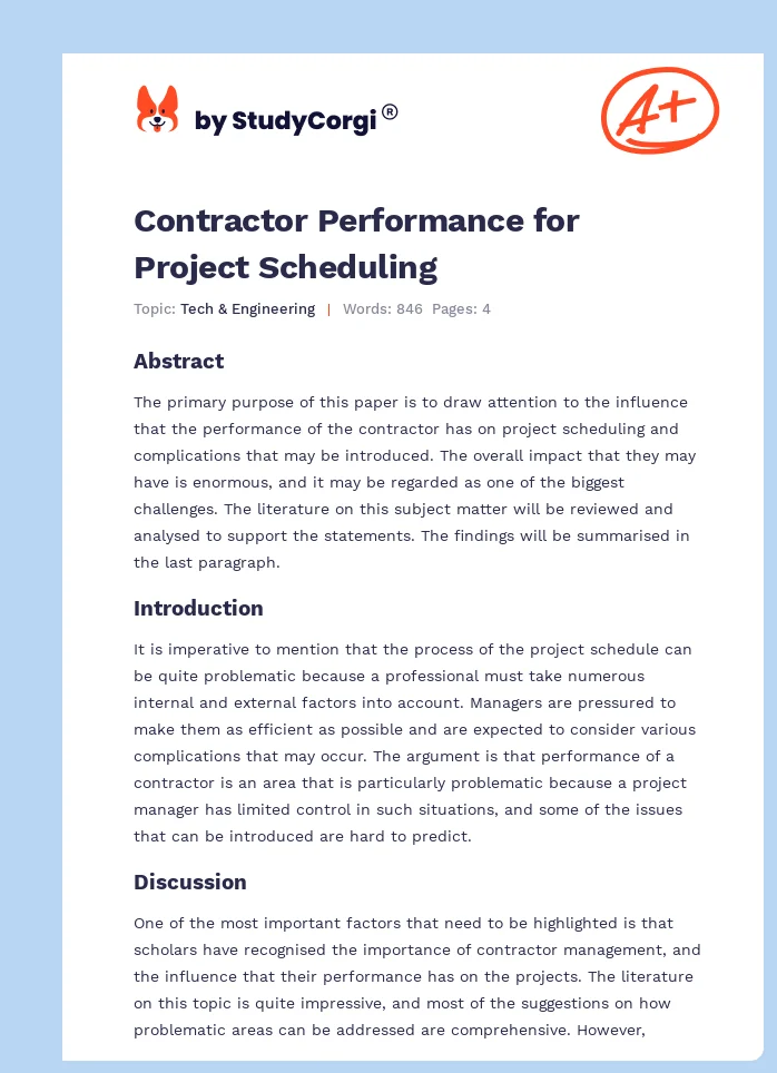 Contractor Performance for Project Scheduling. Page 1