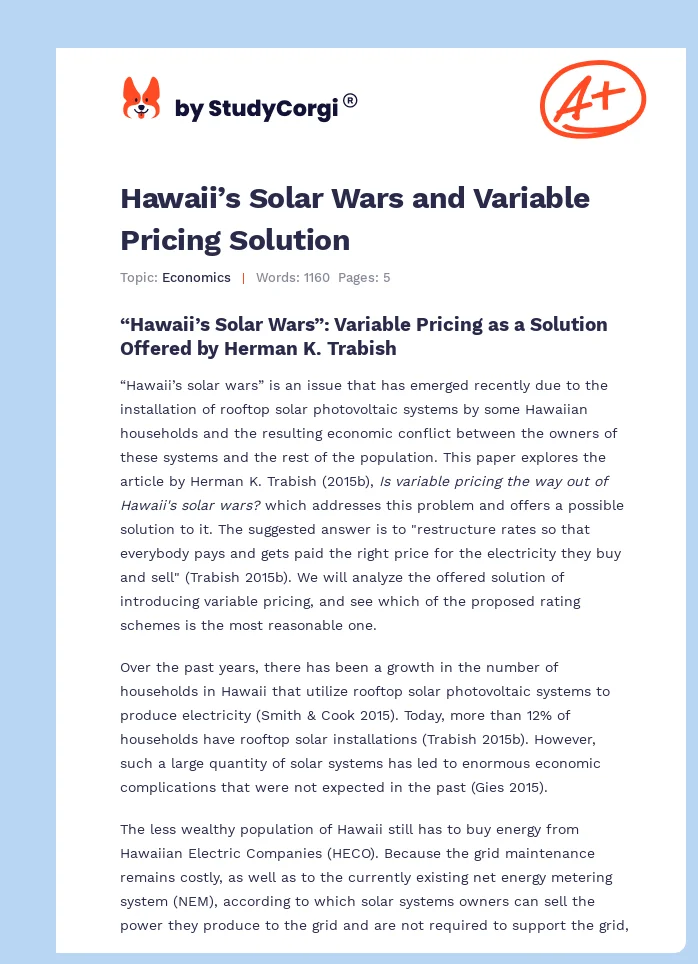 Hawaii’s Solar Wars and Variable Pricing Solution. Page 1
