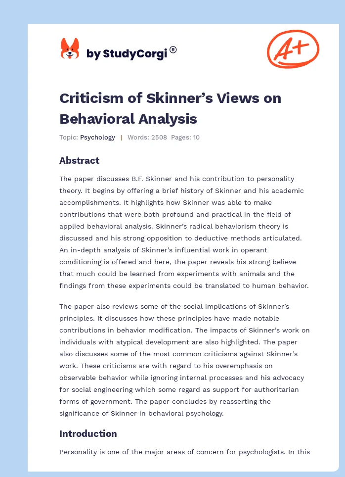 Criticism of Skinner’s Views on Behavioral Analysis. Page 1