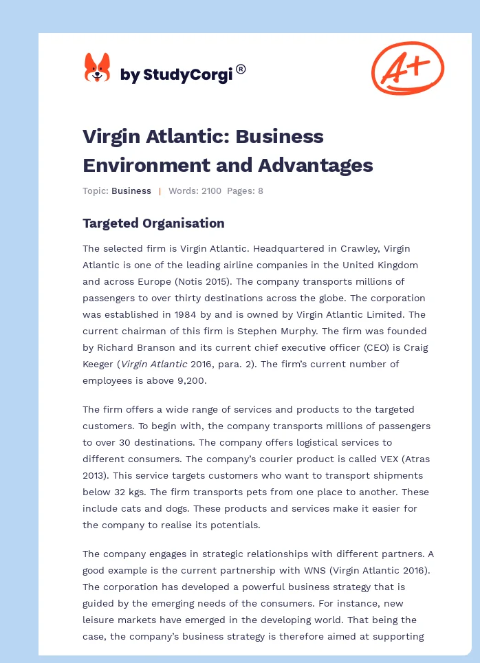 Virgin Atlantic: Business Environment and Advantages. Page 1