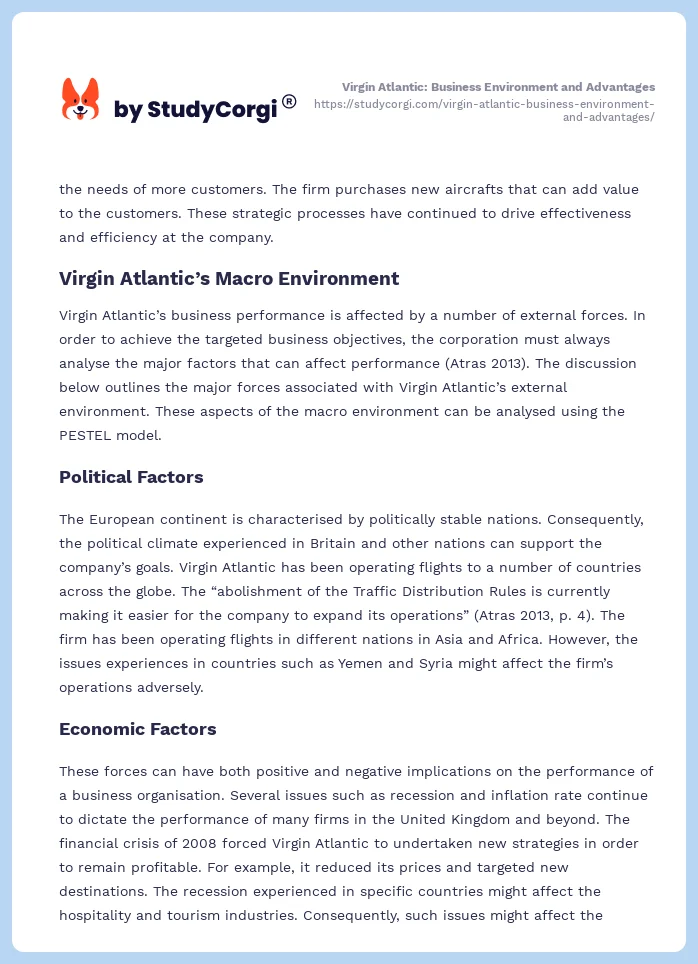 Virgin Atlantic: Business Environment and Advantages. Page 2