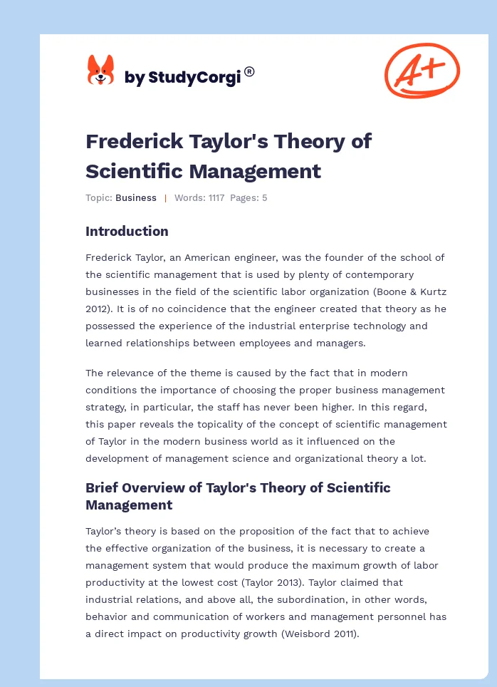 Frederick Taylor's Theory of Scientific Management. Page 1