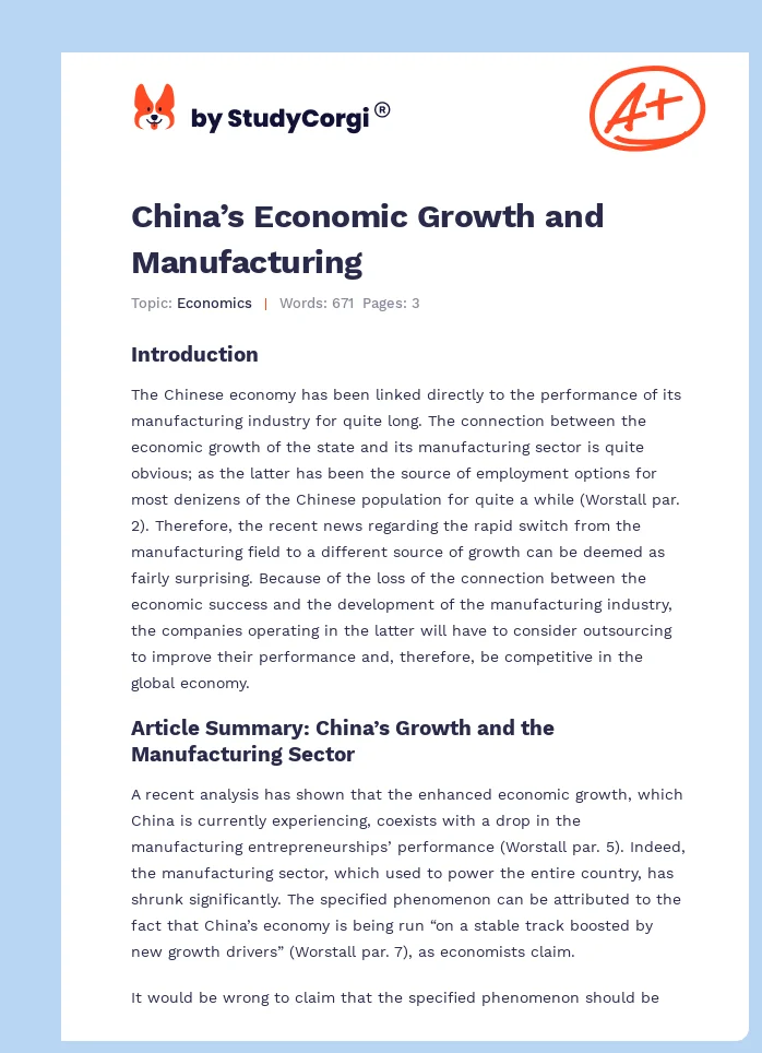 China’s Economic Growth and Manufacturing. Page 1