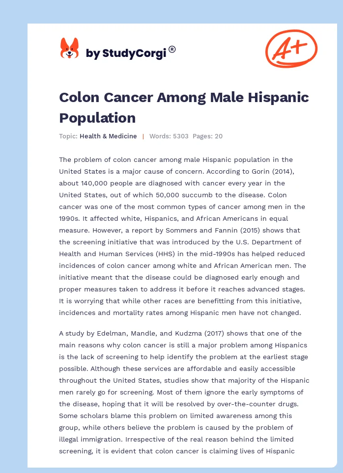 Colon Cancer Among Male Hispanic Population. Page 1