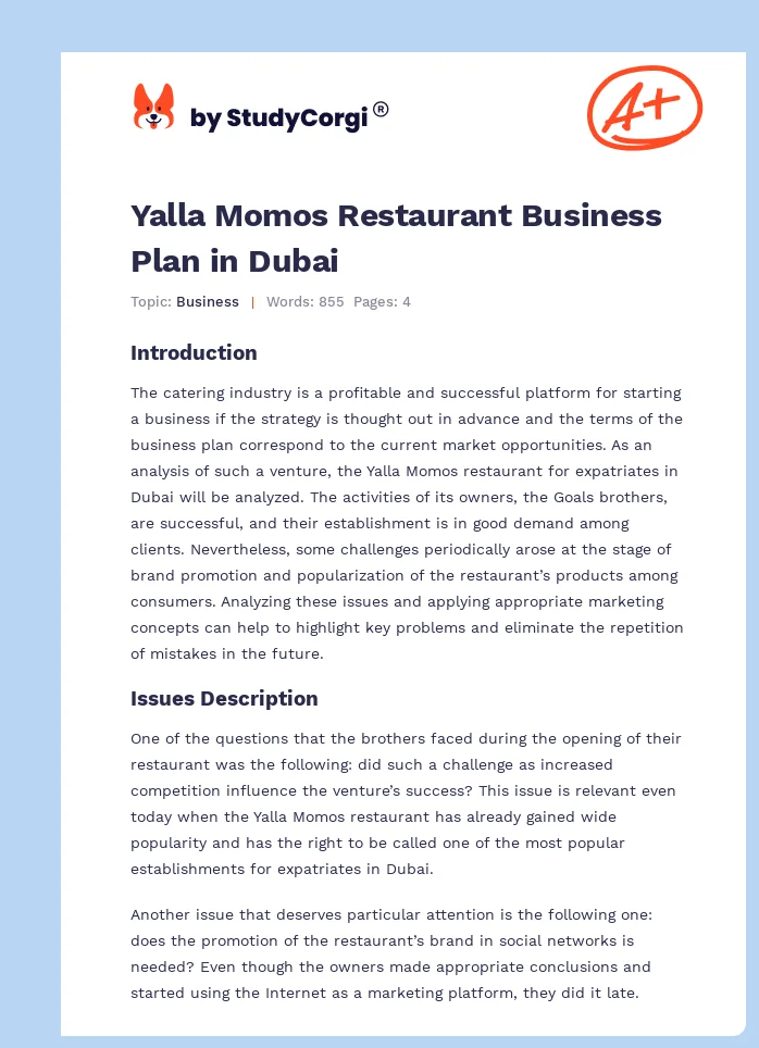 Yalla Momos Restaurant Business Plan in Dubai. Page 1