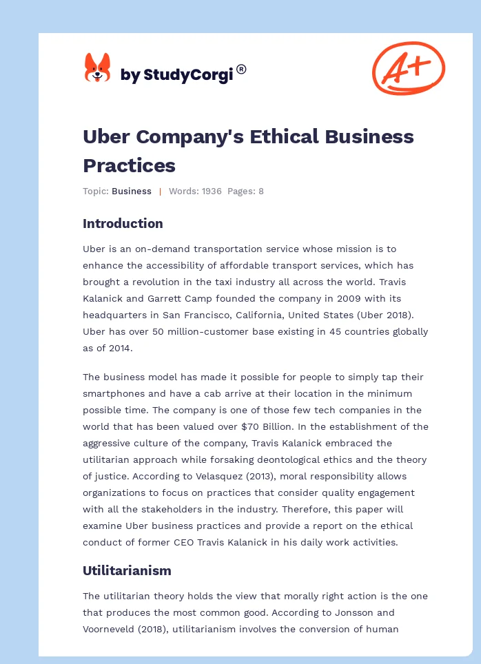 Uber Company's Ethical Business Practices. Page 1