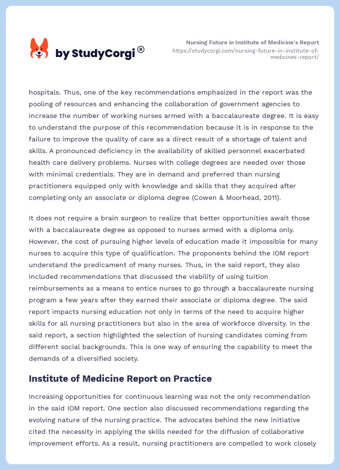 Nursing Future in Institute of Medicine's Report. Page 2