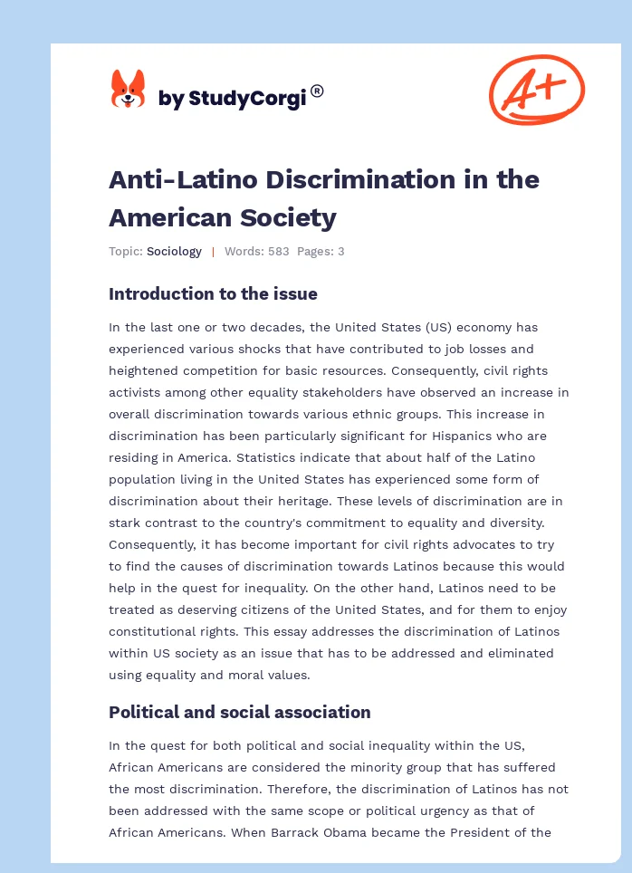Anti-Latino Discrimination in the American Society. Page 1